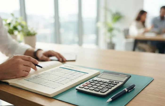 Kâr ve faaliyet nakit akışı satırları görünen finansal rapor, hesap makinesi ve mavi kalem.